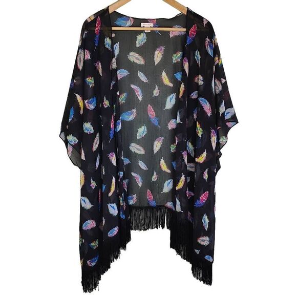Xhilaration Boho Rainbow Color way Feather Print Open Front Cardigan - Picture 1 of 6